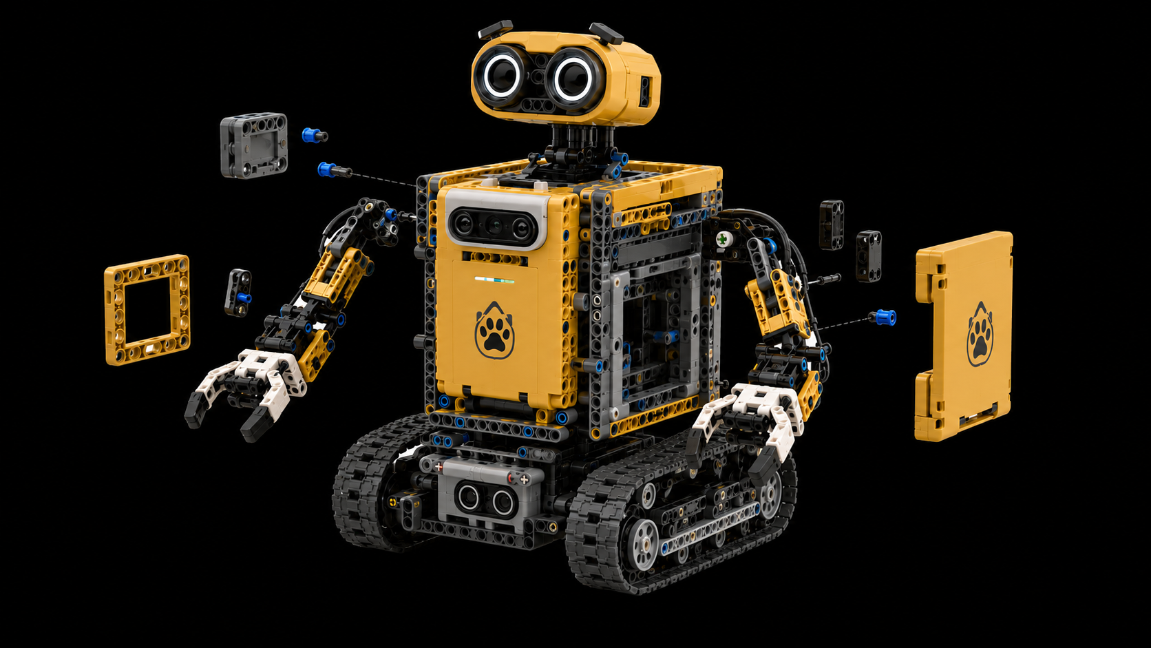 Mid-build Lego robot with panels and arms partly assembled.